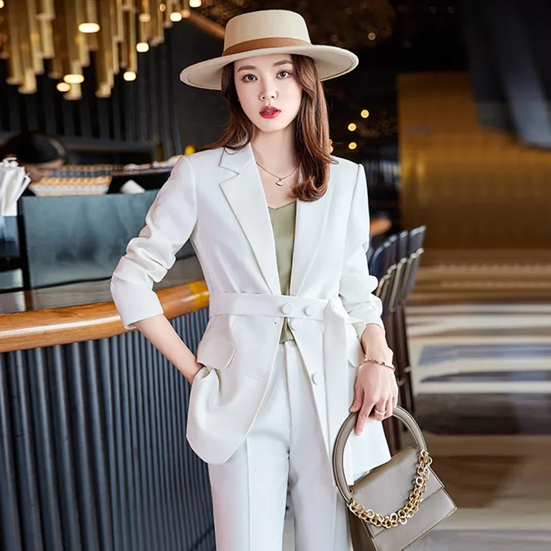 Blue Women Suits 2 Piece Blazer+Pants Female Coat With Belt Trousers Prom Dress Formal Spring Office Lady Business Work Wear