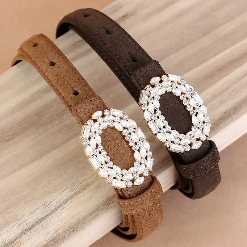 2025 Design Oval Rhinestone Buckle Real Leather Waist Belts Plain Suede Cowhide Corset Strap Decoration Cinturon Trenzado Hombre