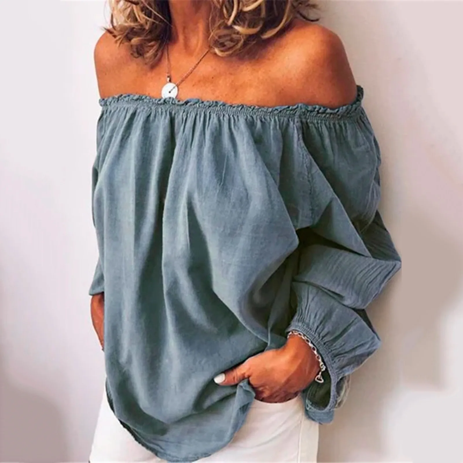 Women Solid Color Casual Off Shoulder Blouse Shirt Tops Plus Size Blouse Women One Neckline Pleated Elastic Lady\'S T-Shirt