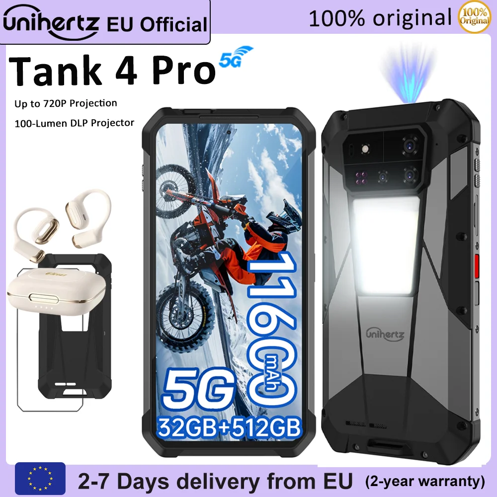 Smartphone robuste avec projecteur Unihertz 8849 Tank 4 Pro, 36 Go + 1 To, 5G, processeur Dimensity 8300, écran AMOLED 3K de 6,73 pouces, Android 14, batterie de 11600 mAh