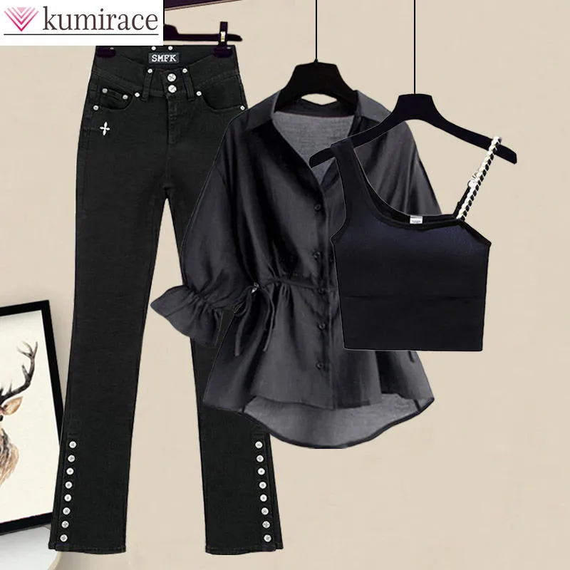 Drawstring Pleated Waist Wrapped Chiffon Shirt Sexy Strap Bra Black Jeans Three Piece Elegant Women\'s Pants Set Summer Outfits