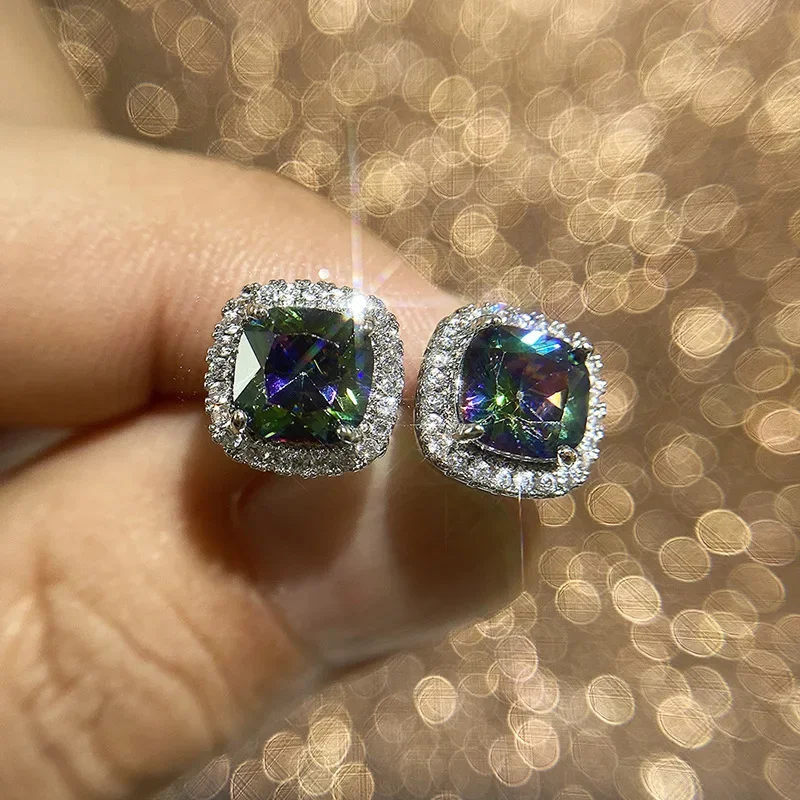 Classic Female Earrings 925 Silver Needle Princess Square Heart Arrow Zircon Crystal Earrings For Women Pendientes Oorbellen