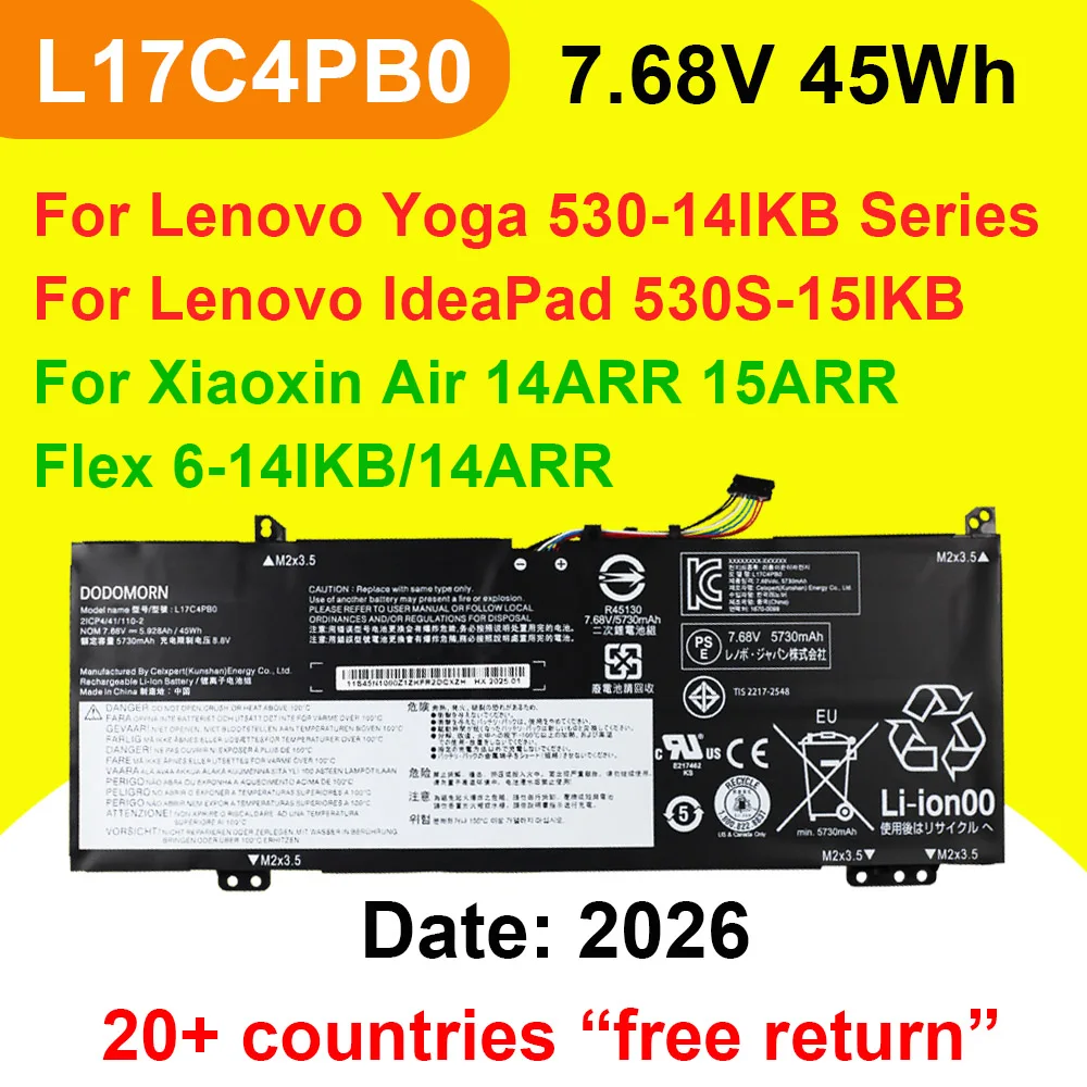 DODOMORN L17C4PB0 For Yoga 530 14IKB Ideapad 530S 15IKB Xiaoxin Air 14ARR 15ARR Laptop Battery L17M4PB0 L17C4PB2 45Wh 7.68V OEM