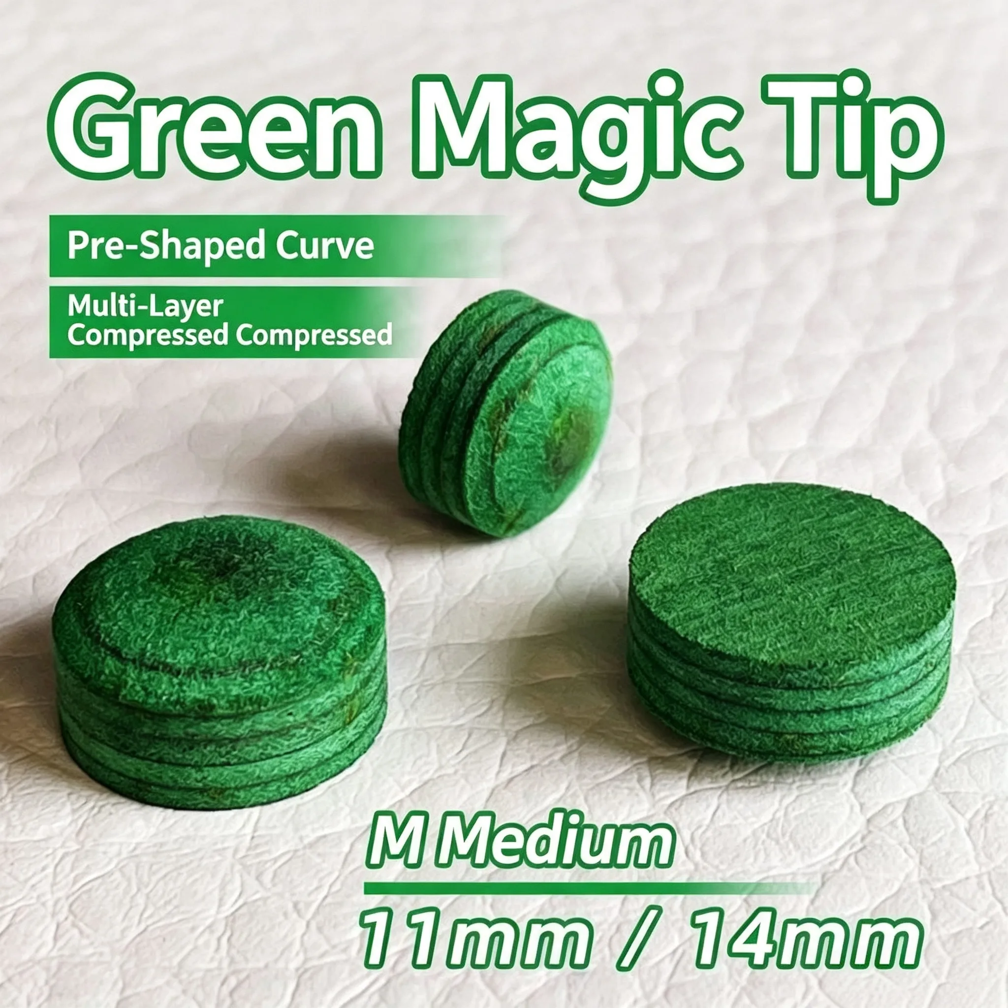 Green Devil Member Cue Tips: Small Tip 11mm, Large Tip 14mm, Imported Cowhide First Layer Cue Tips, with Built-In Curvature