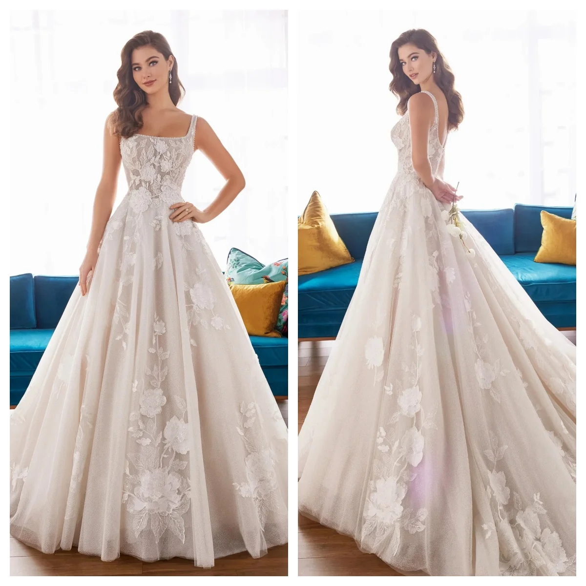 3D Floral Lace Appliqués A-Line Wedding Dress Square Neck Beaded Wide Straps Sparkle Tulle Skirt With Chapel Train Customizable