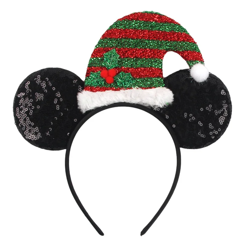 Disney Mickey Mouse Christmas Sequins Santa Hat Headband for Adults Xmas Kids Girls Party Hairbands Women Bows Hair Accessories