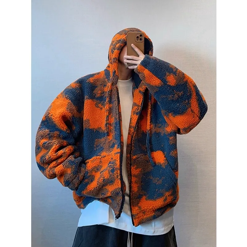 

Thiened Jaet с капюшоном из овчины для пар, винтажная окрашенная теплая верхняя одежда с облаками для мужчин и женщин, осень-зима, большой размер 300 Po...