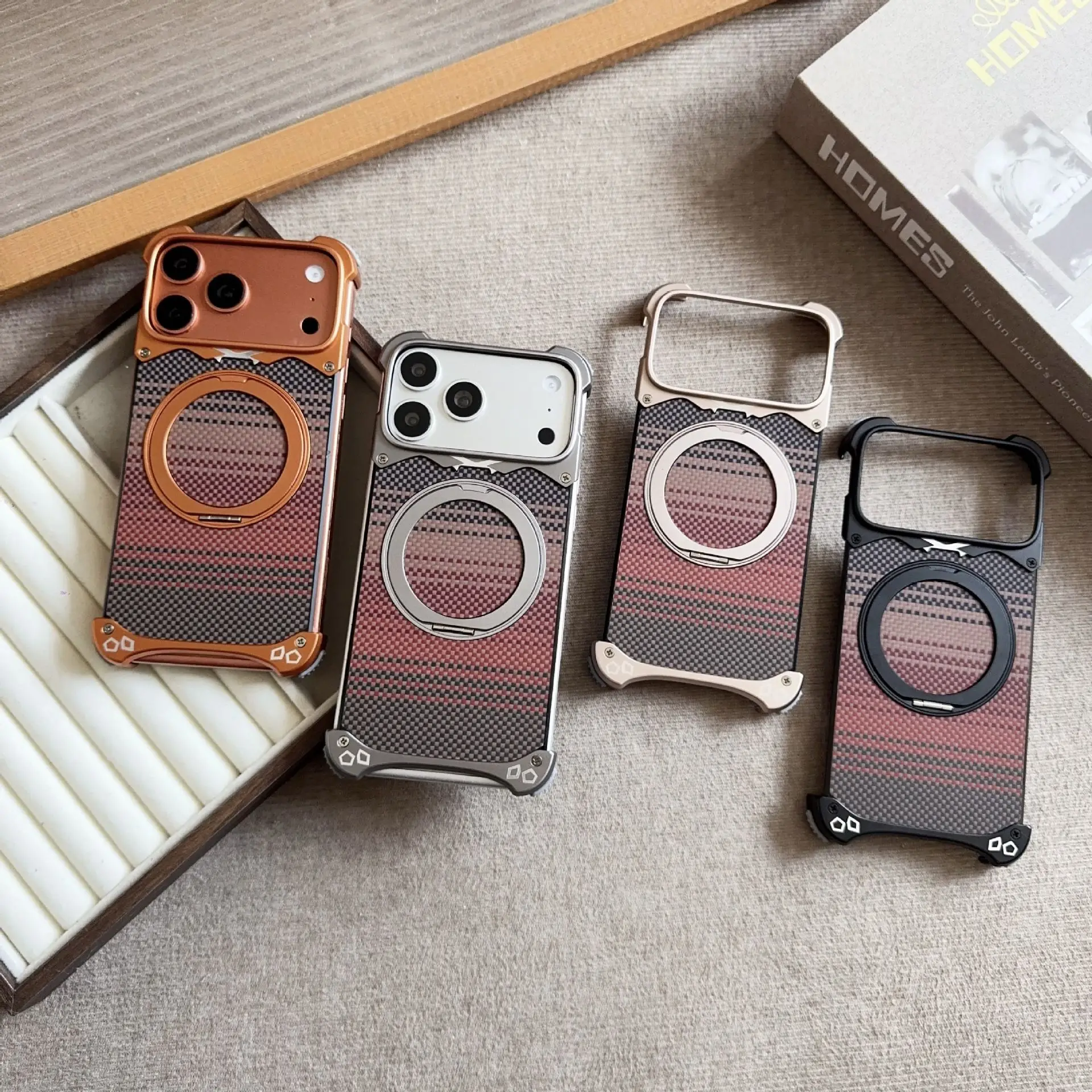 

Carbon fiber patterned magnetic bracket suitable for Apple 17 Pro Max phone case metal frame anti drop protective cover 16Pro