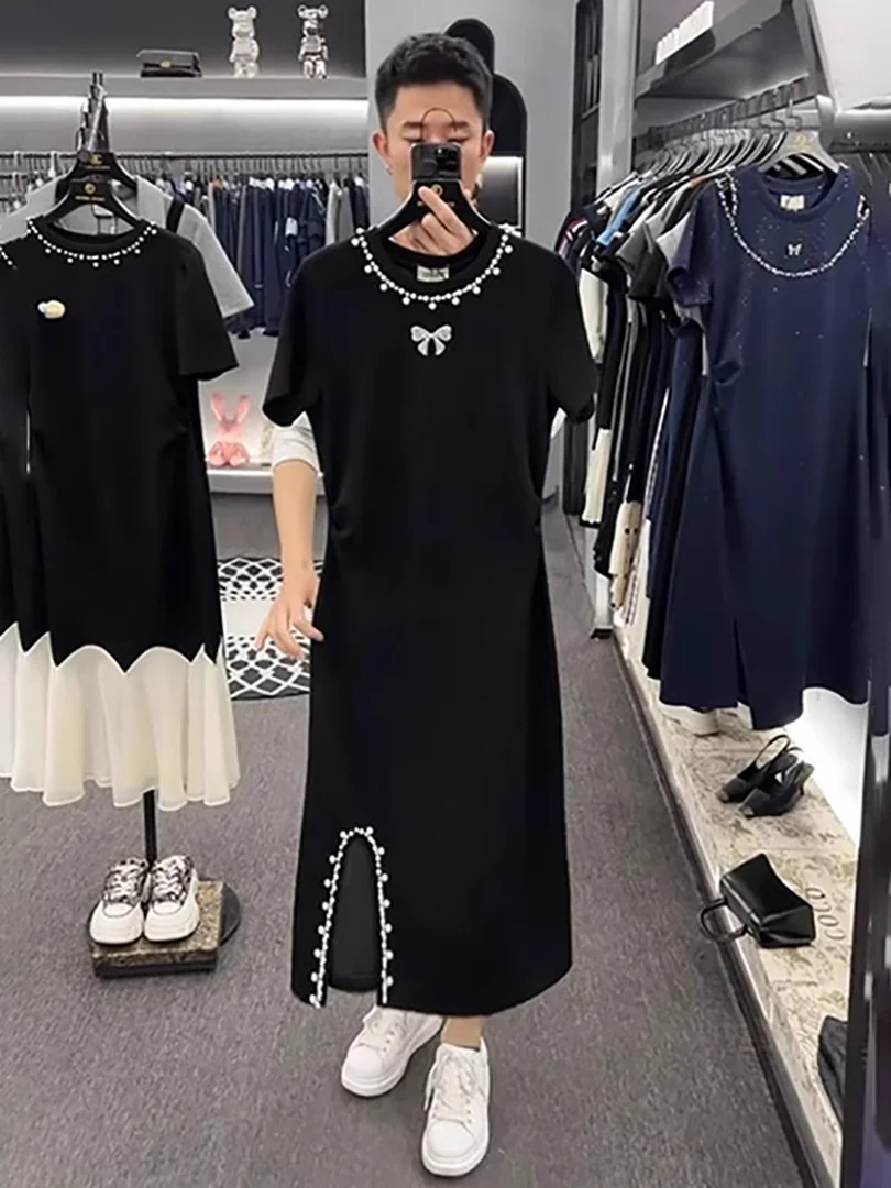 Summer Women's round Ne ort Sve Dr Knee-Length Slit T-irt Dr High Waist A-Line Midi Dr Retro Embroidery