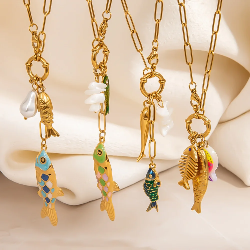 Fish bone pearl stone pendant necklaces for women stainless steel necklaces summer beach cute jewelry