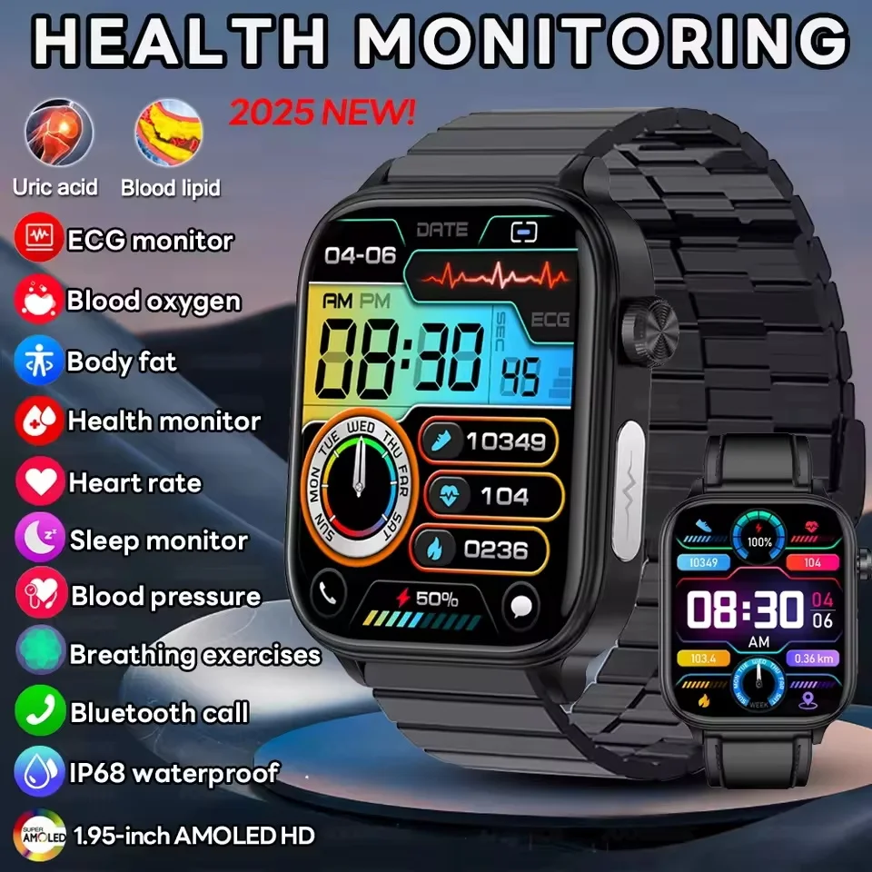 Nuevo reloj inteligente con diagnóstico inteligente de nivel de enfermería, lípidos en sangre, ácido úrico, presión arterial, ECG + PPG, llamada por voz, Bluetooth, reloj de salud para hombres
