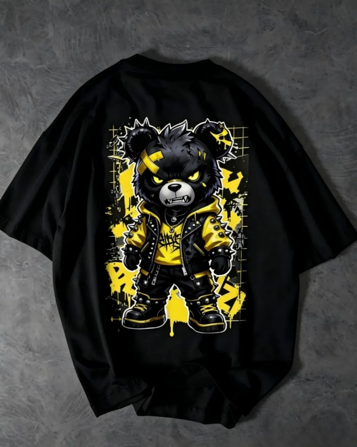 American men's summer creative teddy bear graffiti print micro elastic breathable round neck T-shirt outdoor casual top