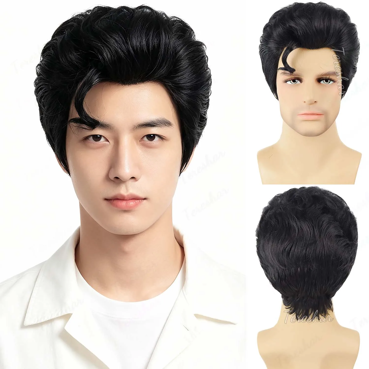 

Synthetic Short Elvis Black Wig for Men's 1950s Disco Party,Super Funny Man Wig Heat Resistant Wig for Halloween Cosplay Daily