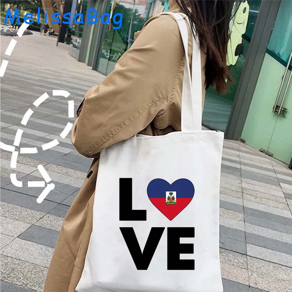 Haiti Country Map Flag Heritage Month Haitian Girl Gifts Love Heart Shopper Harajuku Canvas Tote Bag Cotton Shopping Eco Handbag