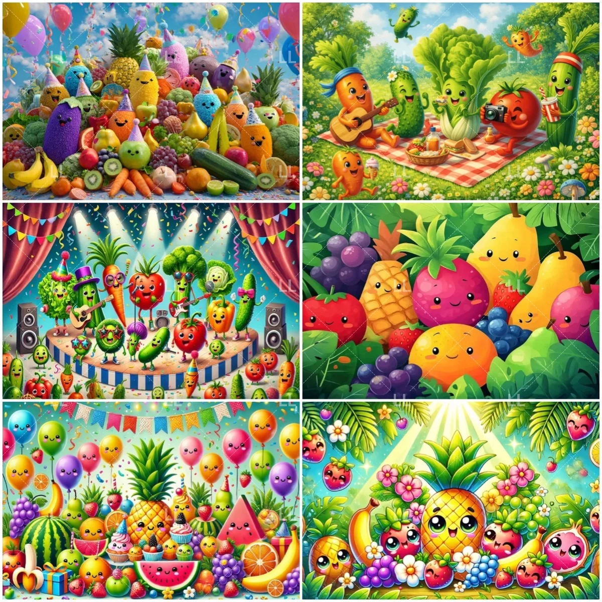 Cartoon Obst- und Gemüse-Fotografie-Hintergrund, Bunter Essens-Hintergrund für Geburtstagsfeiern, Obstgarten-Sensorik-Dekoration, Porträt-Requisiten