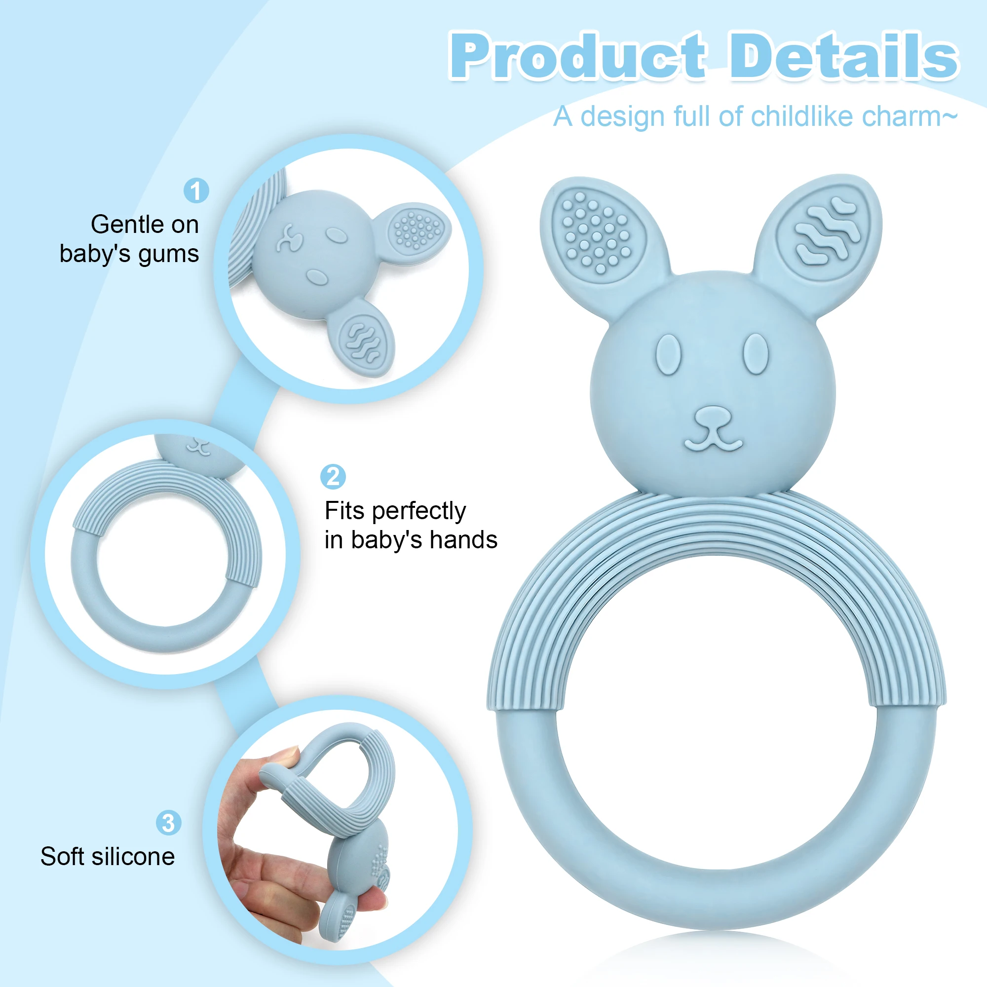 Silicone baby teether, the perfect gift for babies, easy to grasp, soft one-piece teething rabbit toy, BPA-free.