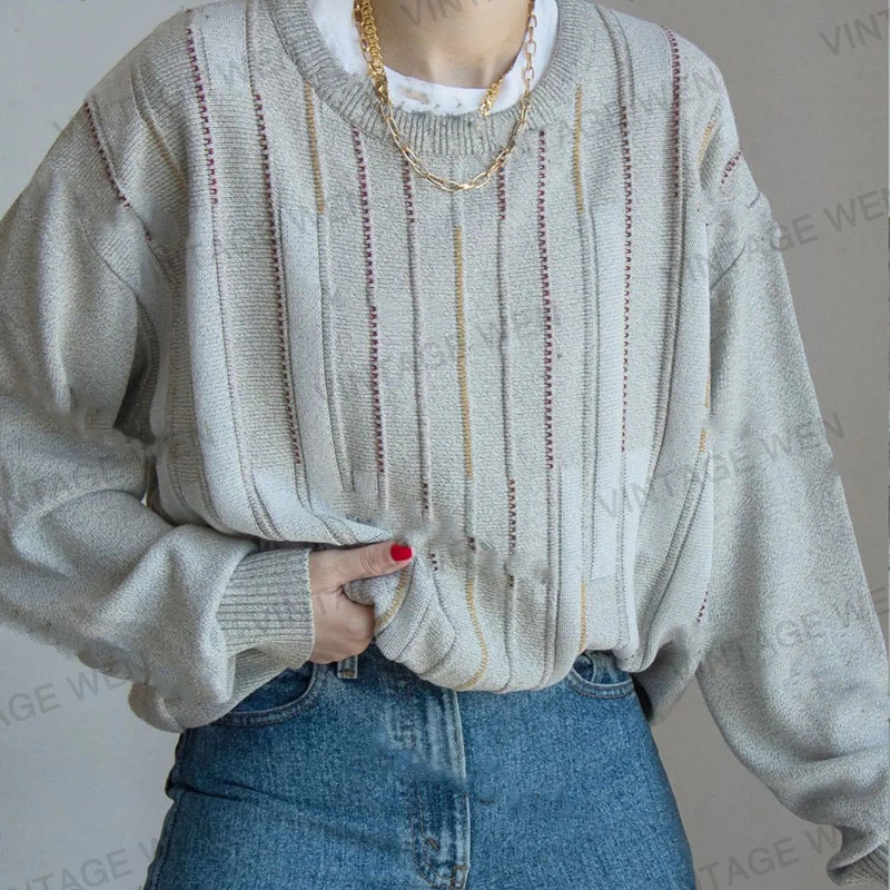 

American retro gray vertical striped crew neck thin knitted sweater trendy ins women's loose top