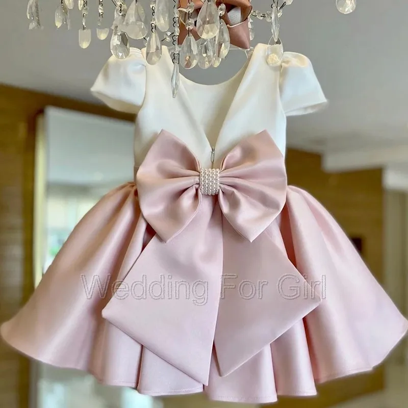 Vestido de baile corto de satén con manga de casquillo para niña, vestido de flores para boda, Perla para niño, vestido de primera comunión