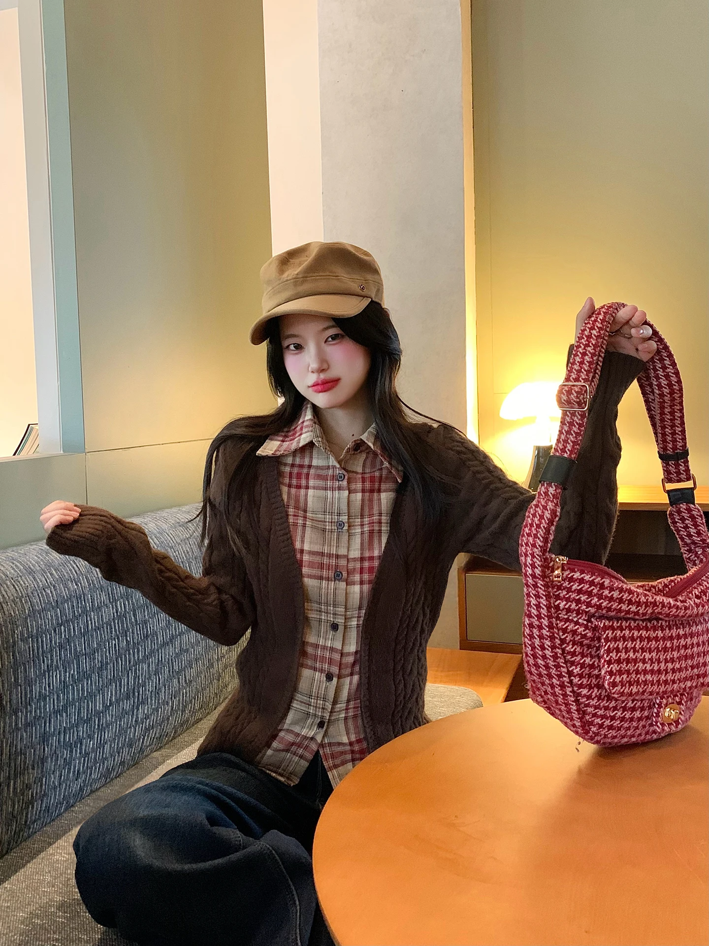 

Women's Knitted Sweater Fake Two-Piece Plaid Color Blo Winter Thiened Inner Wear Retro Sle Long Sve Button up Top