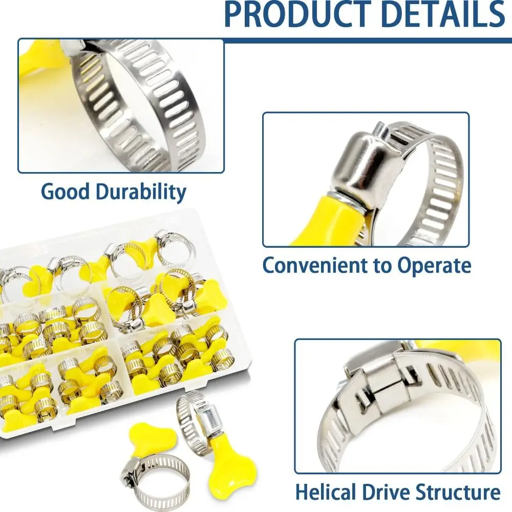 

30pcs Yellow Plastic Handle Stainless Steel Hose Clamps Stainless Steel Screw Band Hand Twist Design T Bolt Pipe Clamp Key Type
