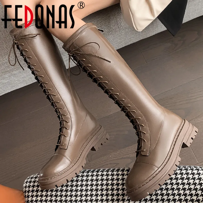 

FEDONAS Autumn Winter Women Knee High Boots Fashion Popular Motorcycle Boots Cross-Tied Genuine Leather Thick Heels Shoes Woman