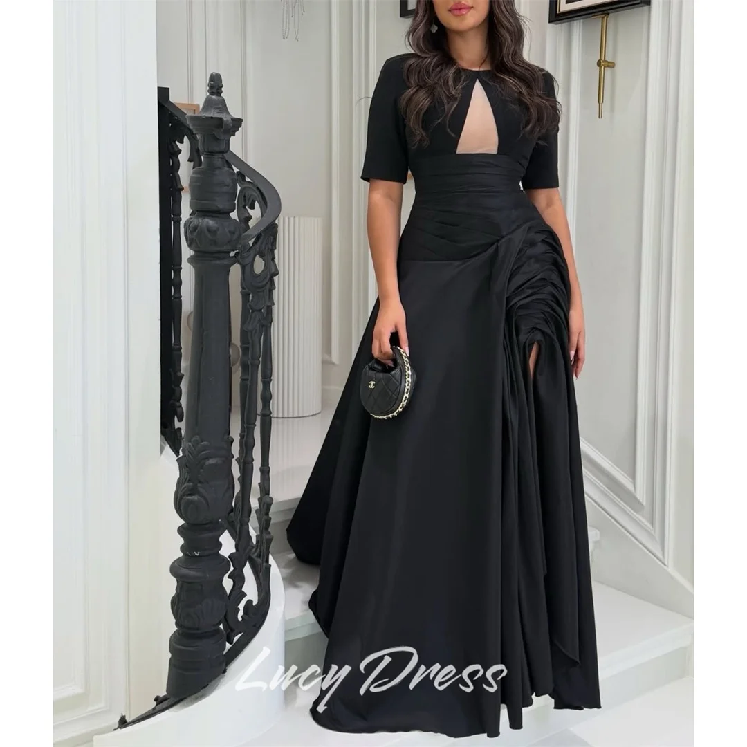 

Lucy Crepe High Black A-Line Ruched Evening Dress 2026 Prom Dress Formal Evening Modest Elegant Premium Customized فساتين براند