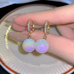 Colorful Mermaid Pearl Pendant Zircon Earrings Buckle Earrings for Women Fashion Summer Accessories Party Jewelry Birthday Gifts