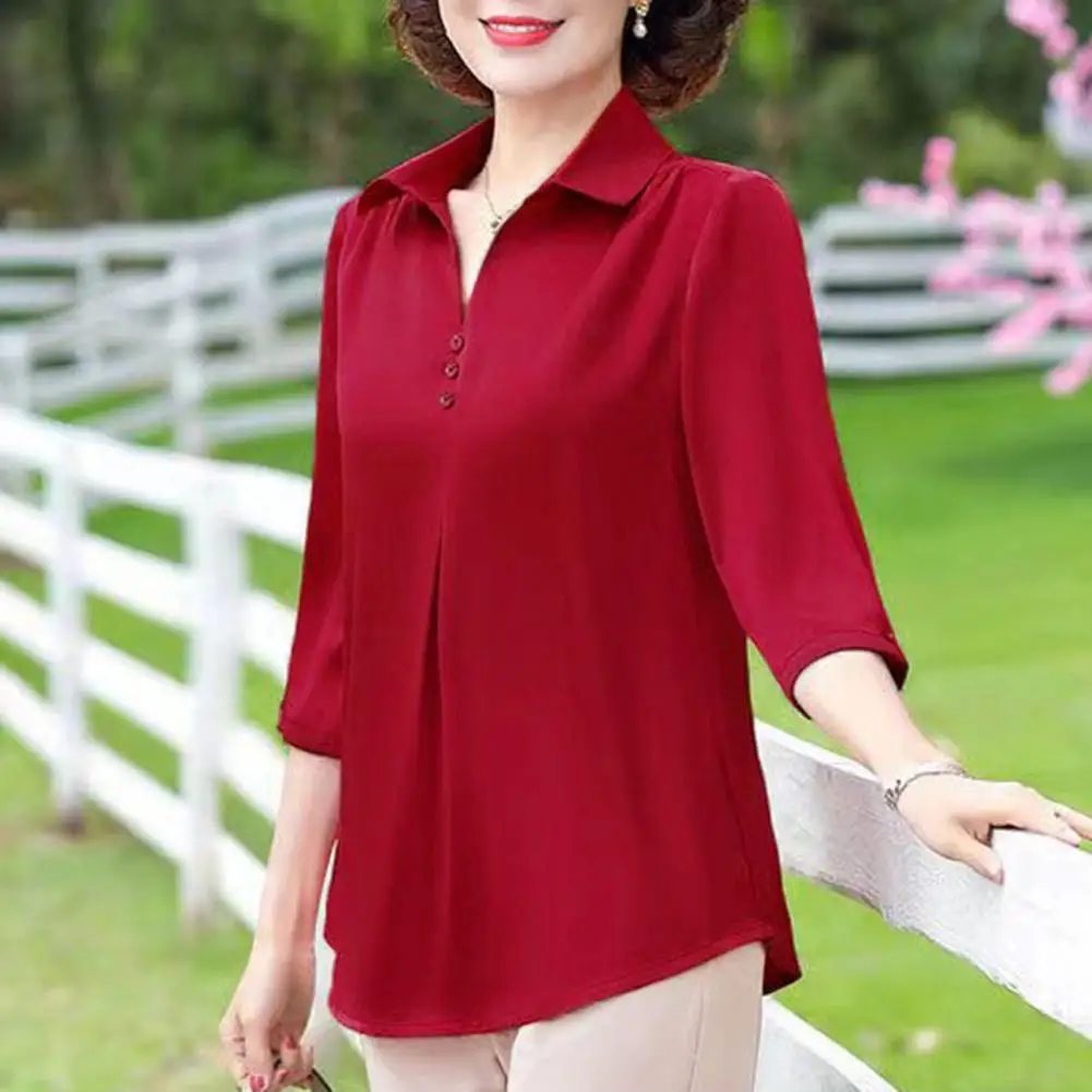 Mother Spring Summer Blouse Turn-down Collar Buttons  Solid Color 3/4 Sleeves Mom T-shirt Solid Color Loose Women Blouse Top