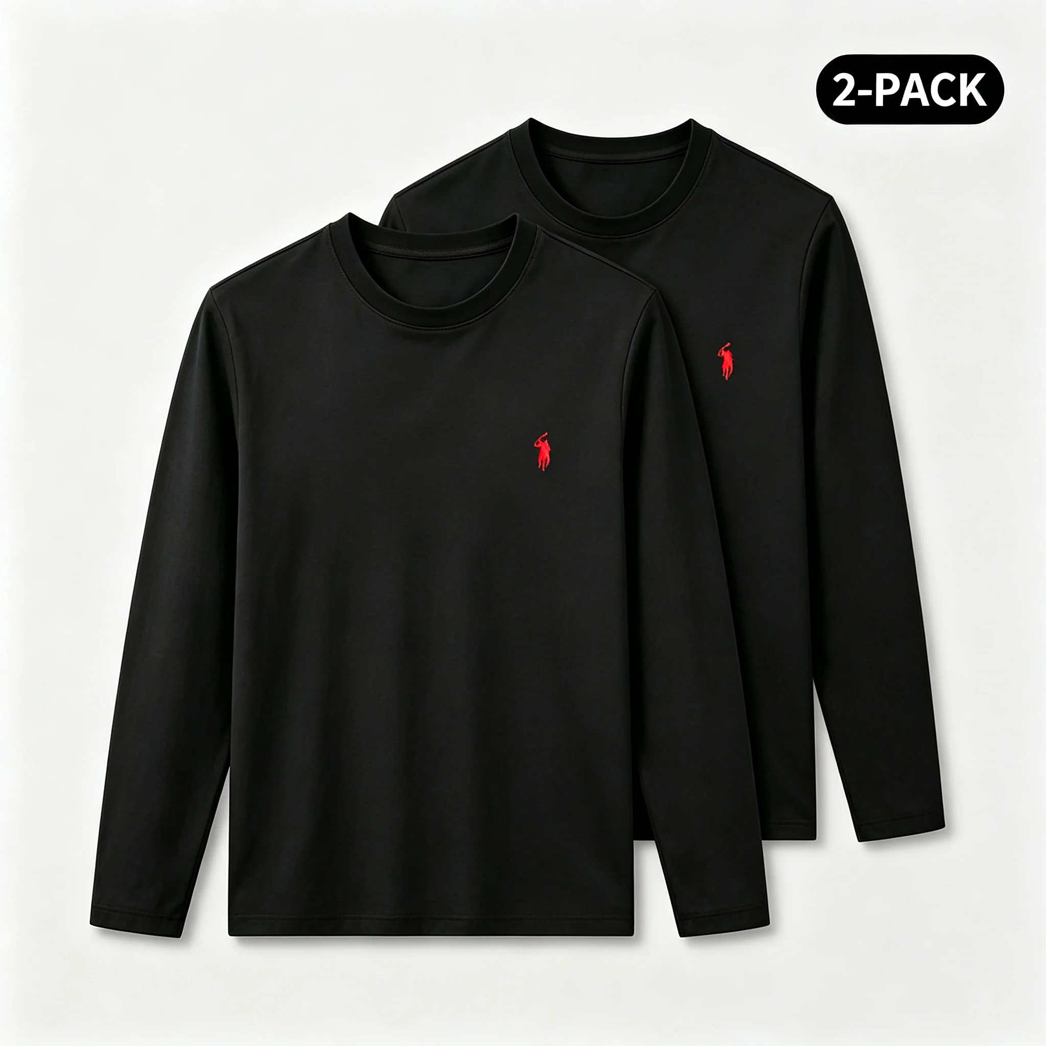 2Pack Men's 100% Pure Cotton Crew Neck Long Sleeve T-Shirt, 2026 Summer Fashion Pony Embroidery Casual Sports Tops,2 Pieces Set