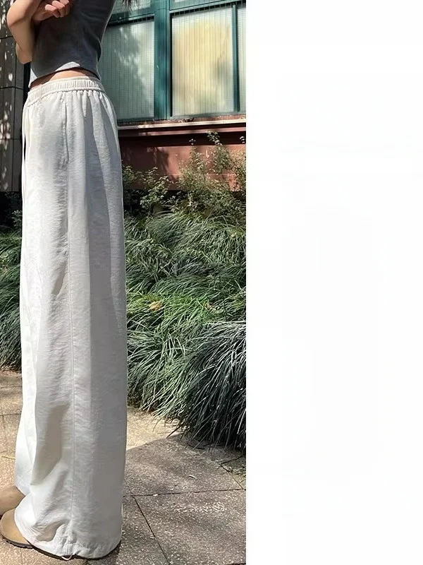 Quick Dry Work Pants Women's Spring Autumn Ice Silk Loose Wide Leg Pants Casual High Waist Straight Leg Knitted Polyester