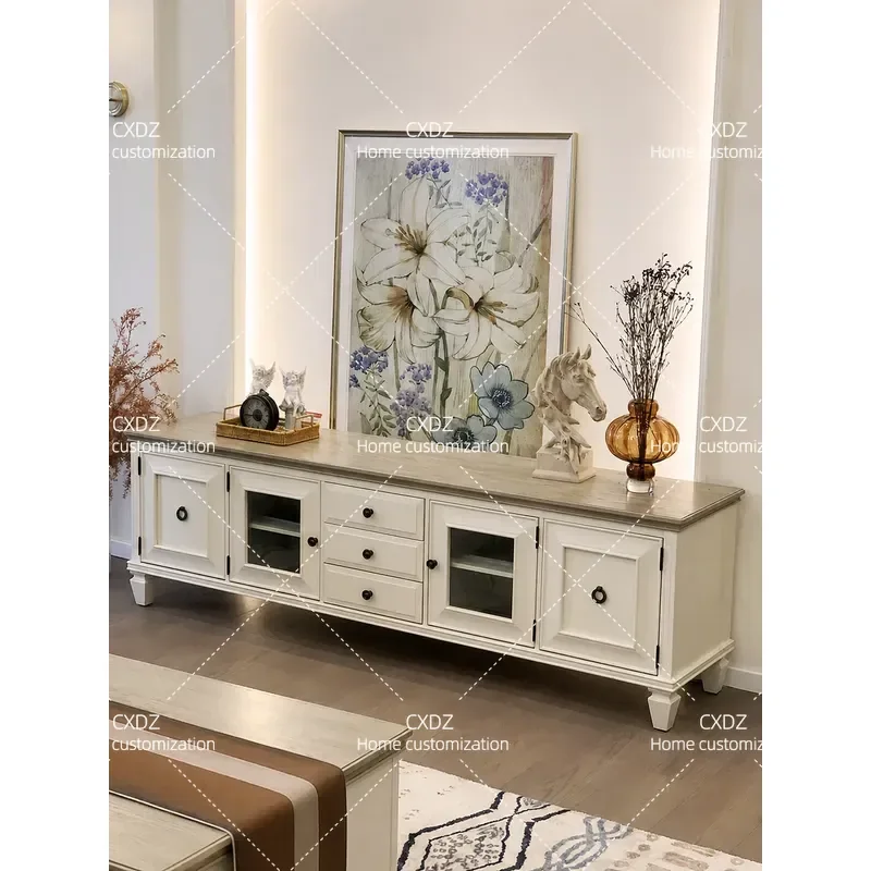 Pure Solid Wood TV Cabinet Cream White High Audio Visual Cabinet Mediterranean Floor Cabinet Living Room Furniture Coffee