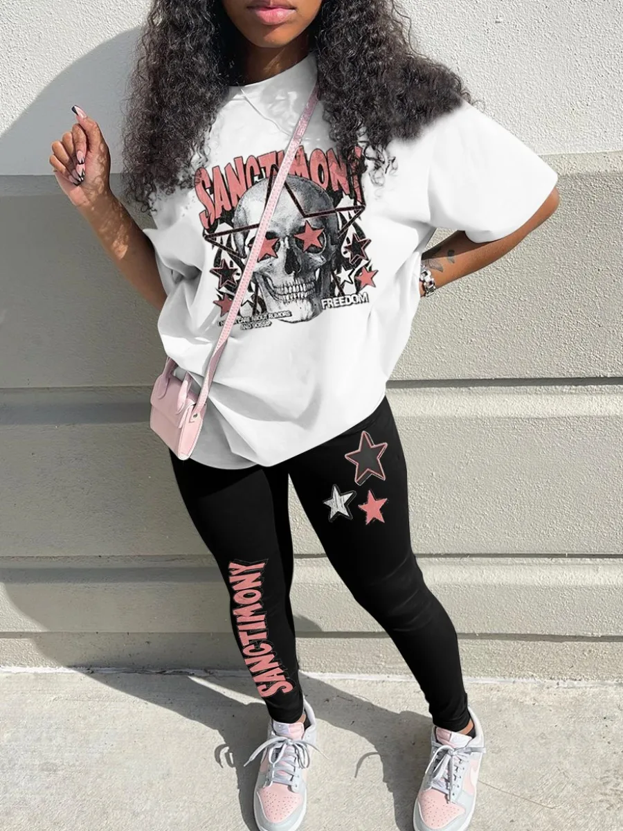 LW Skull Head Letter Print Pants Set short sleeve T-shirt + skinny pants sets Autumn NEW casual women's tracksuit matching suit