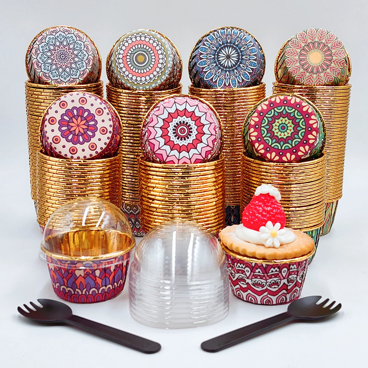 50 baking cups with lid and spoon, disposable cake cups (3 sizes available: no lid/lid/lid and spoon), heat-resistant paper cake