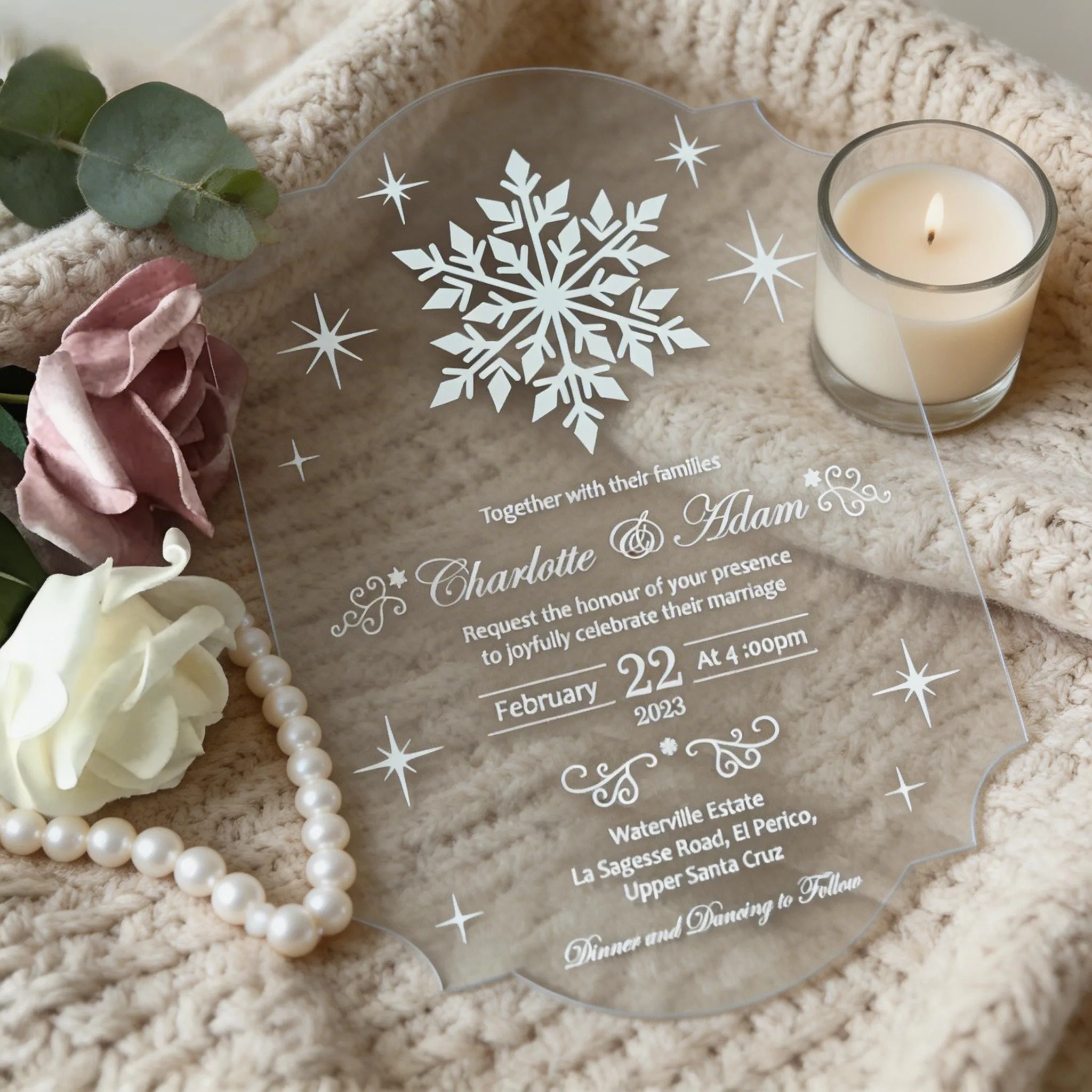 

10pcs Custom Snowflake Acrylic Wedding Invitations,Personalized Transparent/Frosted Birthday Cards,Wonderland Ceremony Decor