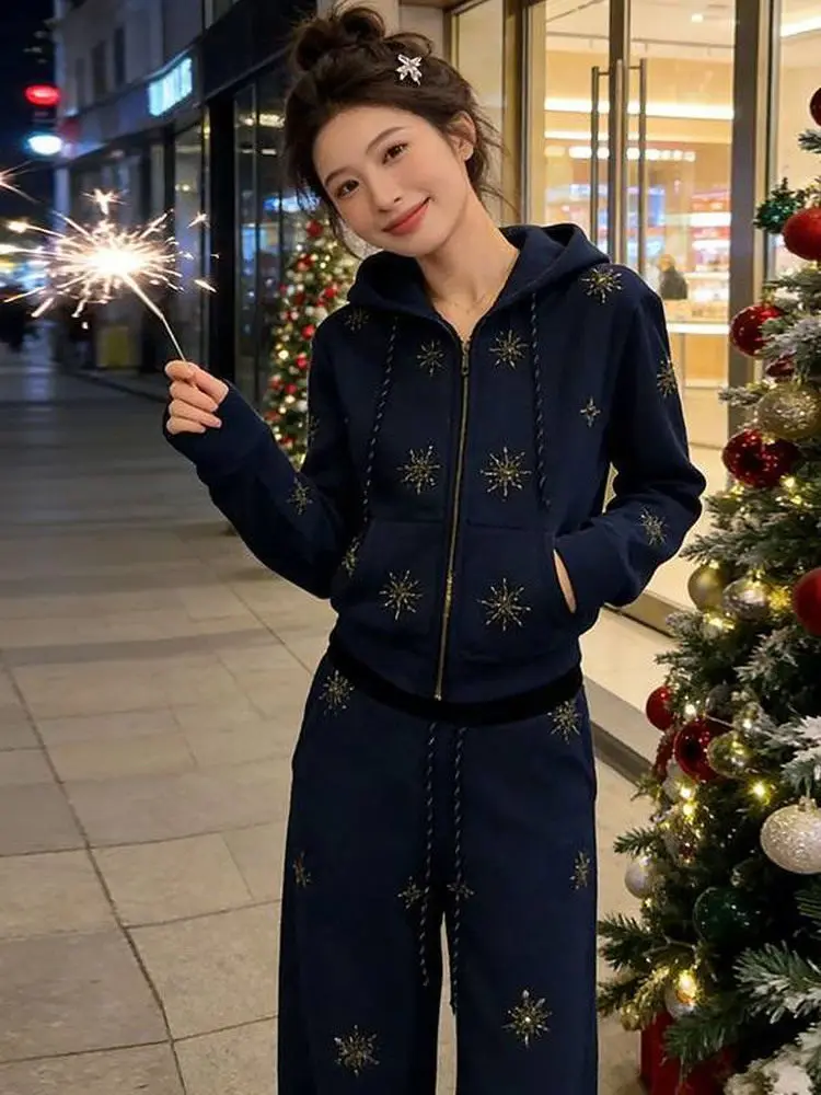 

Корейский модный женский комплект из двух предметов: куртка с капюшоном на молнии с принтом и свободные повседневные брюки с высокой талией, длинные рукава, весенний наряд