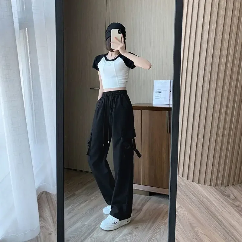 

Women's Cargo Pants Solid Summer High Waist Ice Silk Female Trousers Wide Leg Slacks Autumn Clothing Cotton Original Quality Xxl