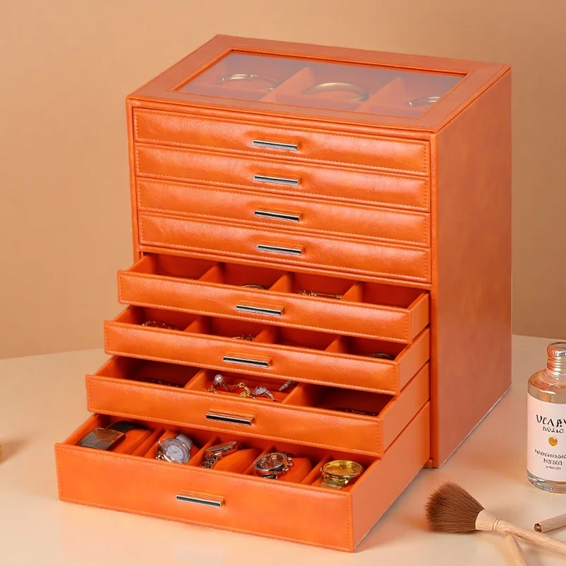 

Large Capacity Jewelry Organizer with 8-drawer PU Leather Storage Box for Earring Ring Necklace Watch Collection Display