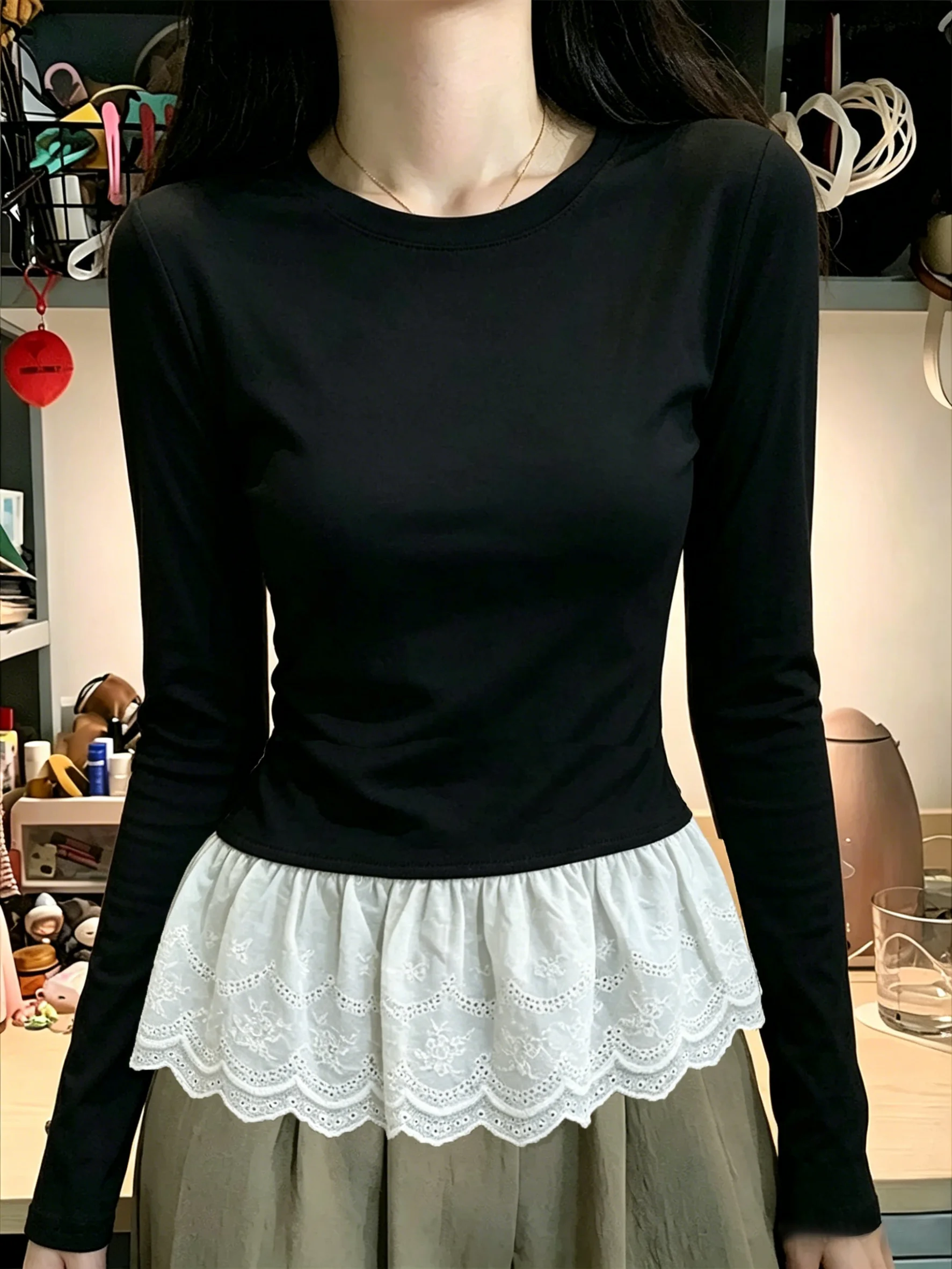 95% Cotton Long Sleeve T-Shirt Women's Ballet Lace Hem Base Layer Shirt Summer Simple Style Cotton Polyester Blend