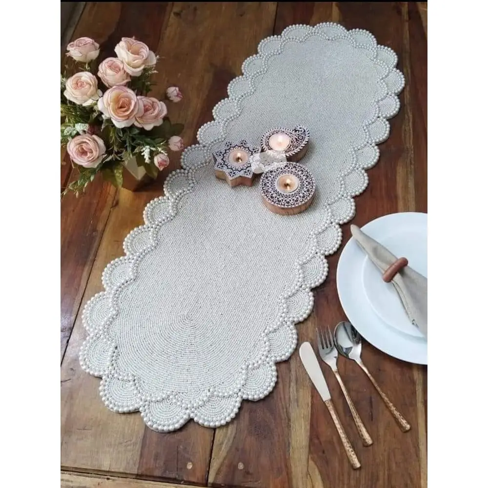 

Elegant White Beaded Table Runner, 13x36 inches, Ideal for Home, Events, and Holidays