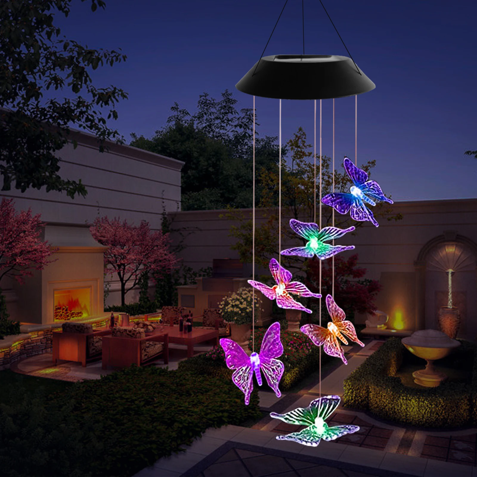 SOL2110F Outdoor Solar Red Blue Butterfly Wind Chime Light Waterproof Hanging Light For Garden Decoration