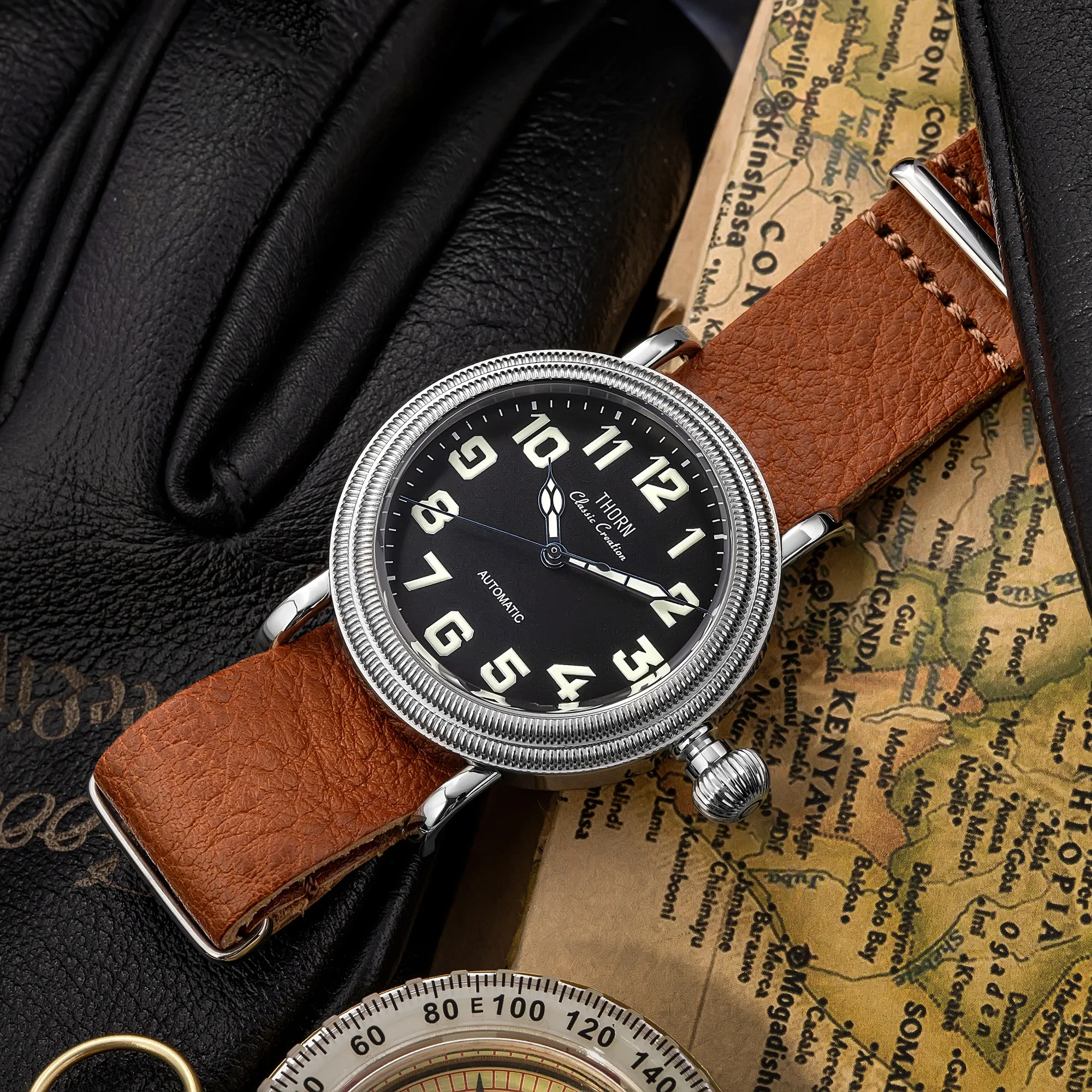 【T014】ساعة ثورن بقطر 41 ملم ساعة طيار عتيقة PT5000 ساعة حركة ميكانيكية أوتوماتيكية هدية للرجال زجاج الياقوت