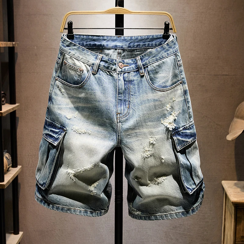 KSTUN Men's Summer Denim Shorts Loose Fit Distressed Ripped Cargo Shorts Knee-length Pants Multi-pocket American Vintage Hip Hop