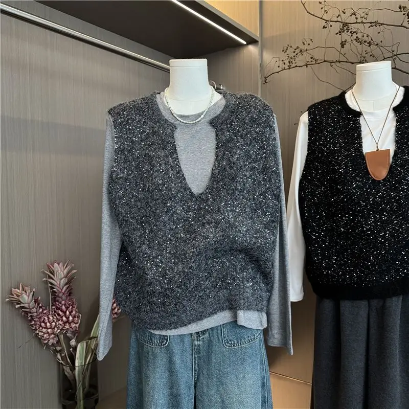 

Fashion Korean Sequined Knitted Vest Women Spring Autumn New Retro High-end Fashion Vests Top