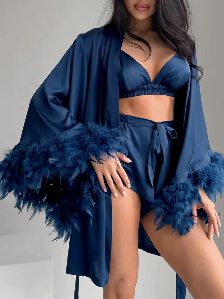 Bamas רופף pamas לנשים 3 ערכות ערכות נוצות שרוול ארוך ללבוש בגדי שינה לנשים חזייה מזדמנים עם גברים קצרים