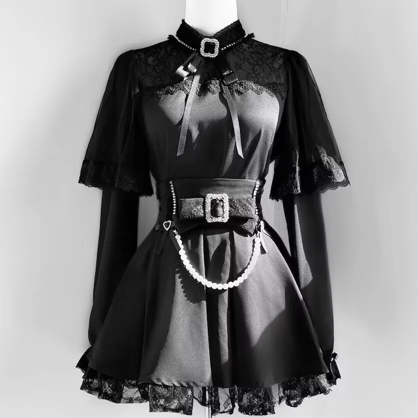 Gothic 2-teilige Röcke Sets Damen Outfits Lolita Süße Spitze Schleife Hemd Kawaii Perle Y2k Miniröcke Weibliche schlanke Rock Sets