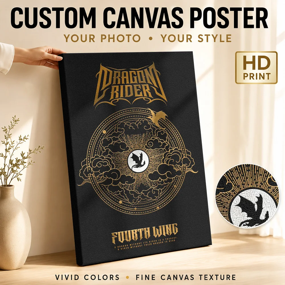 Fourth Wing Dragon Rider Emblem Framed Canvas Print Customized Photo Detailed Illustration Wall Art For Library Reading Corner