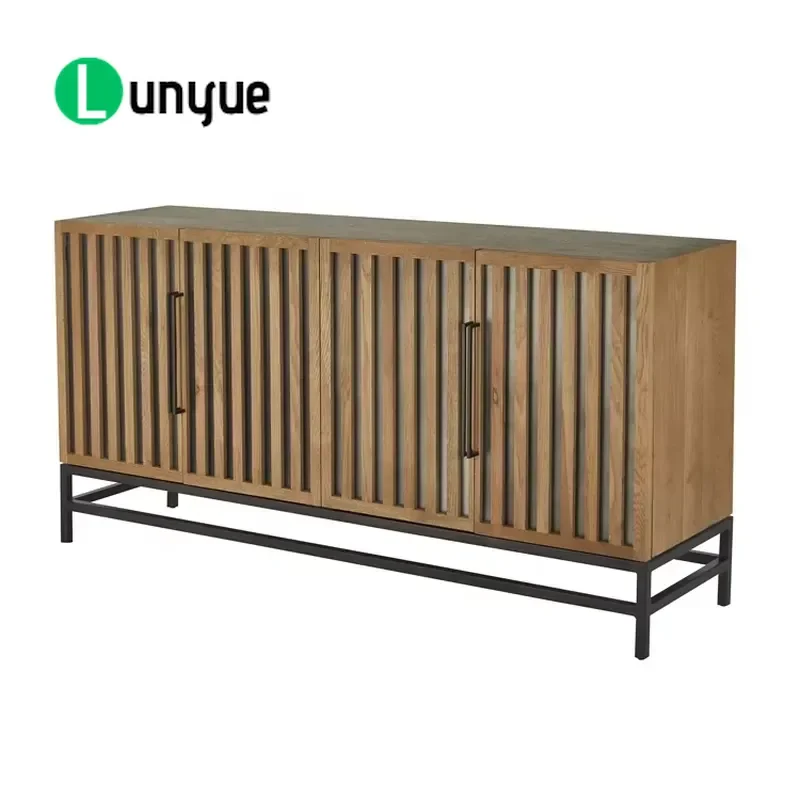 Vintage Metal Zinc Door Oak Slatted Sideboard Rustic Storage Cabinet for Living Room Bedroom Durable Wood Grain Furniture