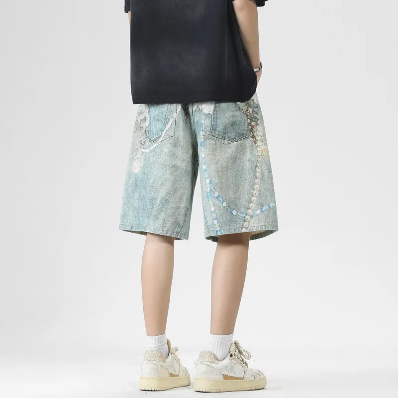 Summer New Lace Pearl Chain Print Men's Jeans Loose Casual Splatterpaint Printed Wide Leg Cropped Knee Lengt Pants view 4