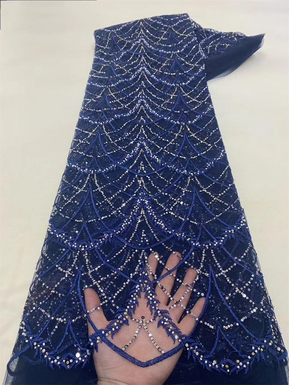 

African Lace Fabric 2025 High Quality 5Yard Royal Blue Luxury Beaded Lace Fabric Lace Trim Embroidered Tulle Wedding Dr A1193-1