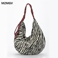 Fashion Large Capacity Zebra Print Canvas Hobo Bag Black White Contrast Shopping Tote Bag Casual Student Commuter Shoulder Bag